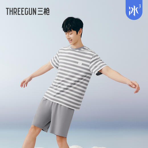 Threegun三枪 【冰泉棉】彩条圆领短袖短裤男士家居套-82303D021 商品图1
