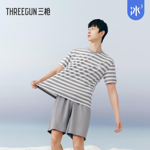 Threegun三枪 【冰泉棉】彩条圆领短袖短裤男士家居套-82303D021 商品图4
