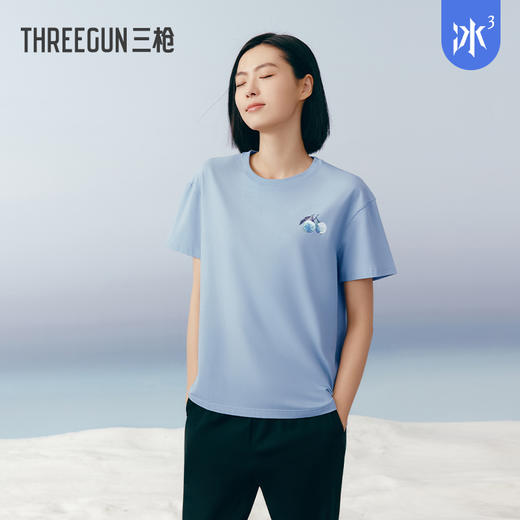 Threegun三枪 【冰泉棉】印花圆领落肩短袖女士T恤上衣-24240A211 商品图4