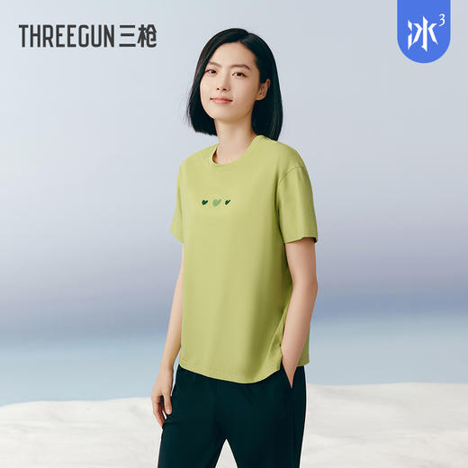 Threegun三枪 【冰泉棉】印花圆领落肩短袖女士T恤上衣-24240A211 商品图5