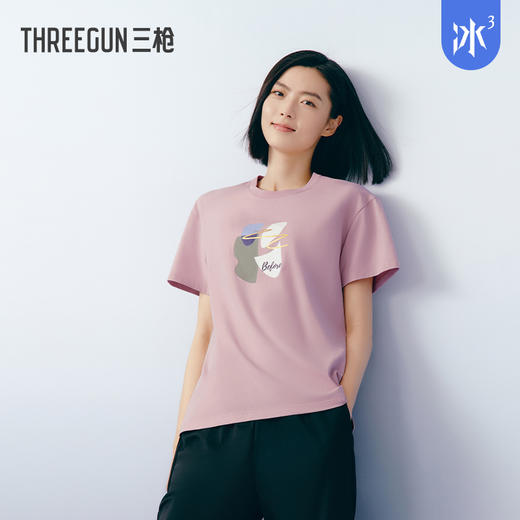 Threegun三枪 【冰泉棉】印花圆领落肩短袖女士T恤上衣-24240A211 商品图0