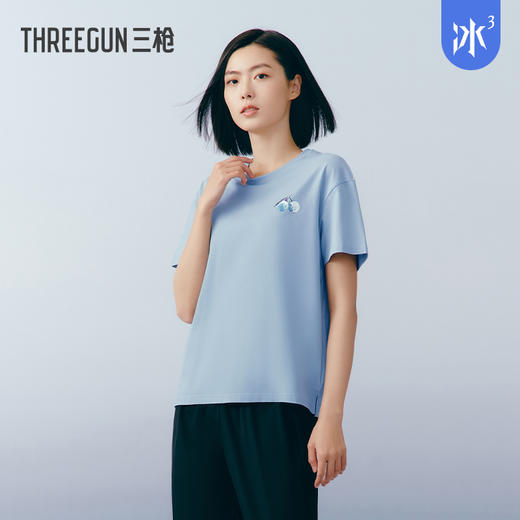 Threegun三枪 【冰泉棉】印花圆领落肩短袖女士T恤上衣-24240A211 商品图6