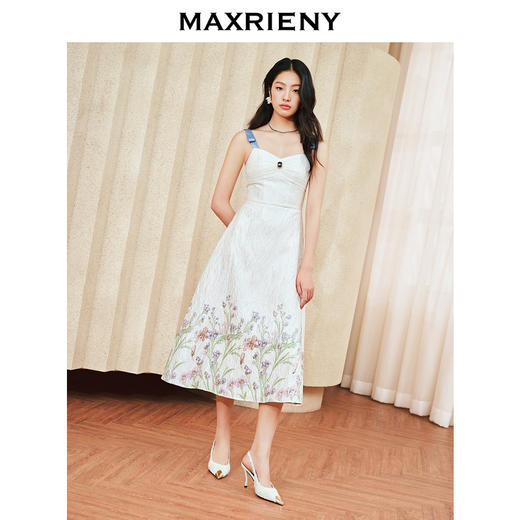 玛克门店发货：浪漫花卉提花撞色飘带连衣裙2024夏季新款抹胸吊带长裙(货号:MS85DR010) 商品图2