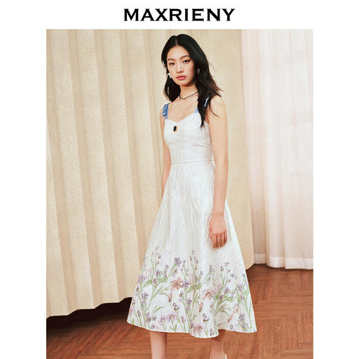 玛克门店发货：浪漫花卉提花撞色飘带连衣裙2024夏季新款抹胸吊带长裙(货号:MS85DR010) 商品图1