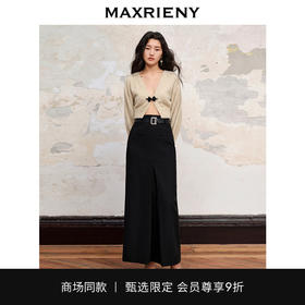 【商场同款】MAXRIENY极简垂坠感满钻工字褶直筒黑色长裙秋冬半裙(货号:MC88SK580)