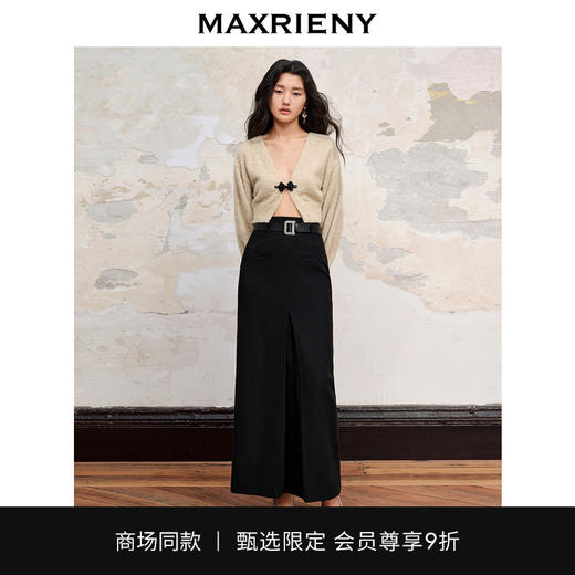 【商场同款】MAXRIENY极简垂坠感满钻工字褶直筒黑色长裙秋冬半裙(货号:MC88SK580) 商品图0