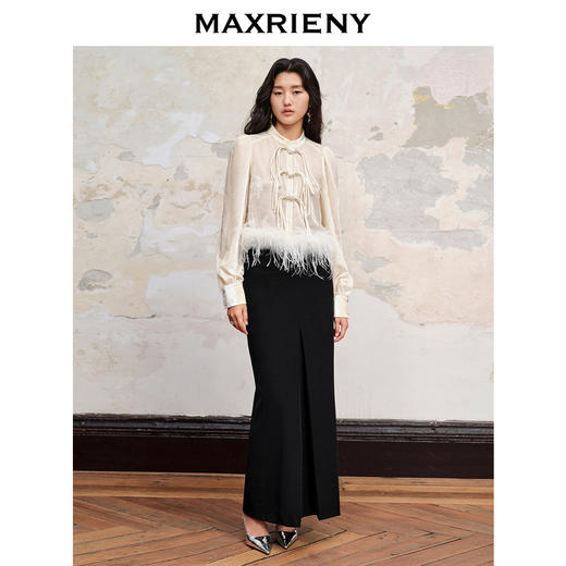【商场同款】MAXRIENY极简垂坠感满钻工字褶直筒黑色长裙秋冬半裙(货号:MC88SK580) 商品图1