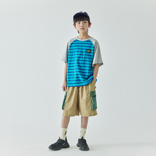 蓝汽水2024夏季新款男童拼色条纹T恤中大童圆领插肩袖短袖上衣 商品图1