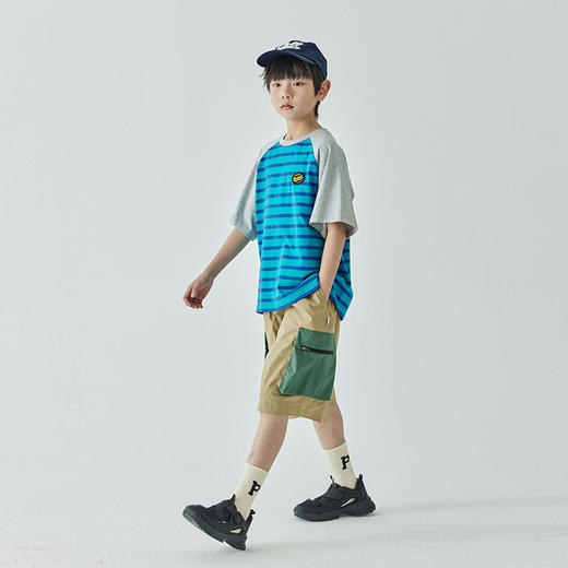 蓝汽水2024夏季新款男童拼色条纹T恤中大童圆领插肩袖短袖上衣 商品图3