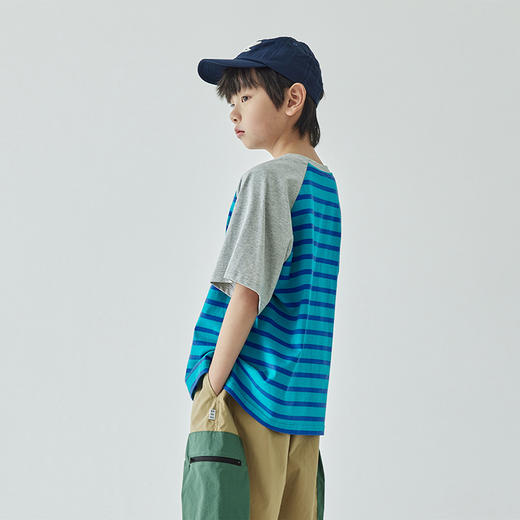 蓝汽水2024夏季新款男童拼色条纹T恤中大童圆领插肩袖短袖上衣 商品图4