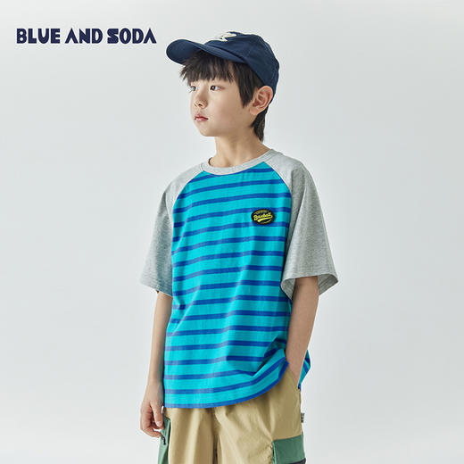 蓝汽水2024夏季新款男童拼色条纹T恤中大童圆领插肩袖短袖上衣 商品图0