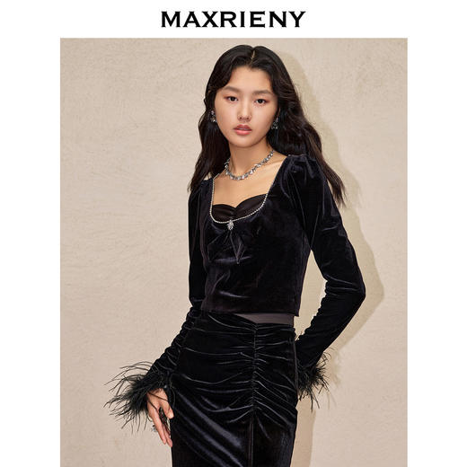 玛克门店发货：MAXRIENY复古率性鸵鸟毛拼接丝绒上衣羽毛袖口打底衫(货号:MC88TP770) 商品图2