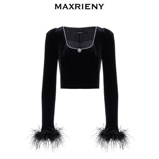 玛克门店发货：MAXRIENY复古率性鸵鸟毛拼接丝绒上衣羽毛袖口打底衫(货号:MC88TP770) 商品图4