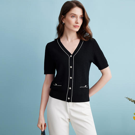 EITIE爱特爱夏季新款舒适轻薄透气V领修身显瘦短袖针织衫开衫B2401308 商品图6