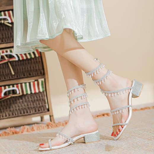 法式仙女鞋浅口绝美水晶吊坠蛇型绕脚水钻粗跟夏季凉鞋女H242180158 商品图1