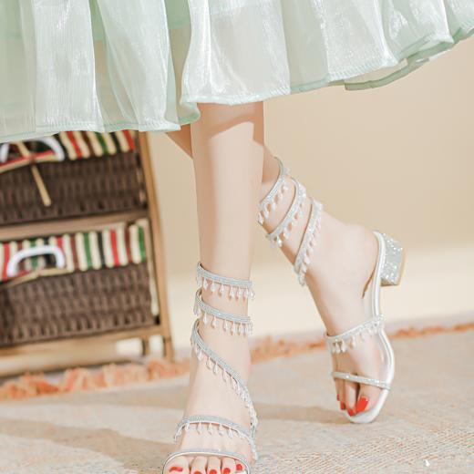 法式仙女鞋浅口绝美水晶吊坠蛇型绕脚水钻粗跟夏季凉鞋女H242180158 商品图3