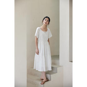 HeyDress白色提花连衣裙女夏季法式U领宽松收腰设计浪漫度假裙子