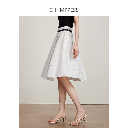 西嘉C+IMPRESS/西嘉度假风竹节醋酸拼接领马甲+腰部撞色百褶裙套装女MJ2401099 商品图3
