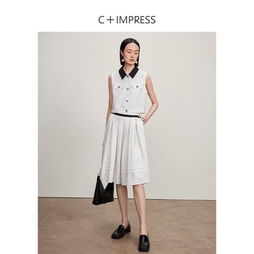 西嘉C+IMPRESS/西嘉度假风竹节醋酸拼接领马甲+腰部撞色百褶裙套装女MJ2401099 商品图2