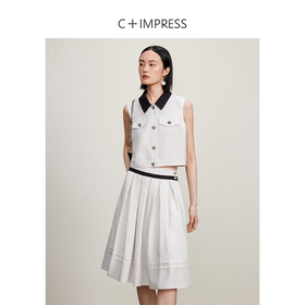 西嘉C+IMPRESS/西嘉度假风竹节醋酸拼接领马甲+腰部撞色百褶裙套装女MJ2401099