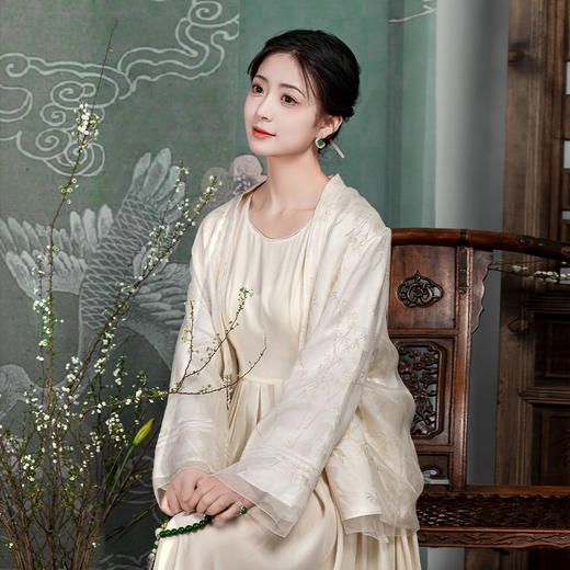 荷言HEYEN 玉笙 真丝竹叶纹提花欧根纱白色小外套上衣 商品图1