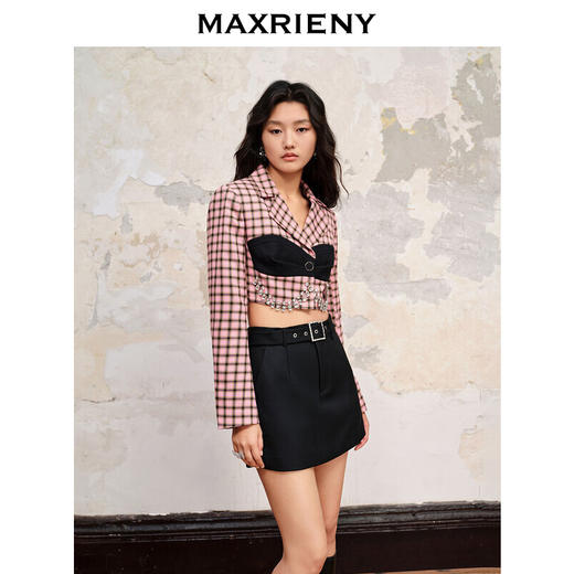 MAXRIENY率性气质格纹长袖西装截短外套早秋上衣(货号:MC88JA569) 商品图1