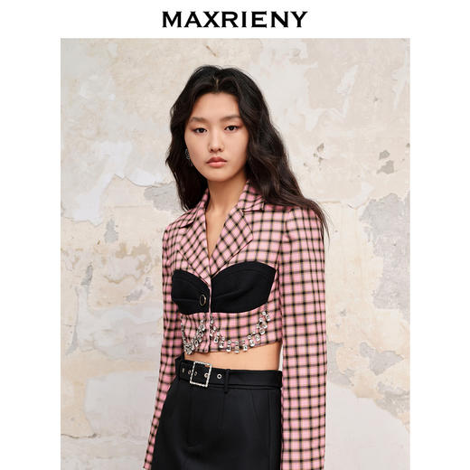 MAXRIENY率性气质格纹长袖西装截短外套早秋上衣(货号:MC88JA569) 商品图2