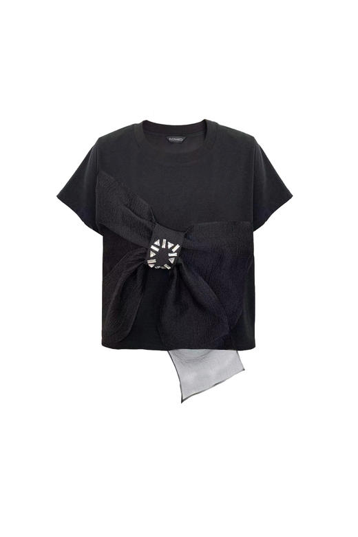 黑色立裁蝴蝶结短款钉钻T恤 商品图0