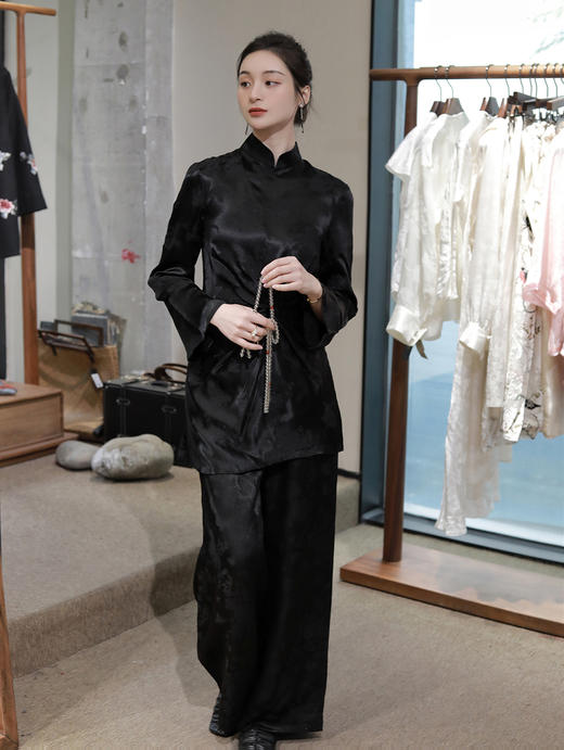 盛唐牡丹 |真丝冠乐绉褶皱款上衣-黑色 商品图1