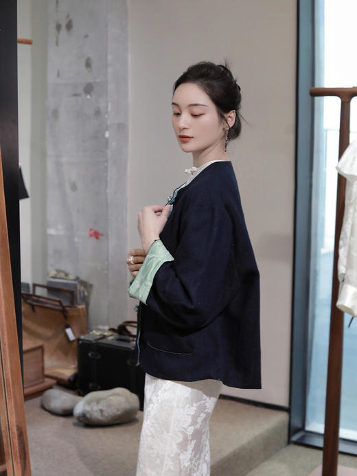 盛唐牡丹 |牛仔配艾绿冠乐绉双面穿外套 商品图7