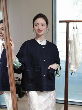 盛唐牡丹 |牛仔配艾绿冠乐绉双面穿外套