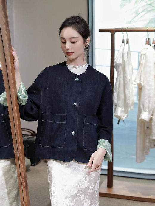 盛唐牡丹 |牛仔配艾绿冠乐绉双面穿外套 商品图6