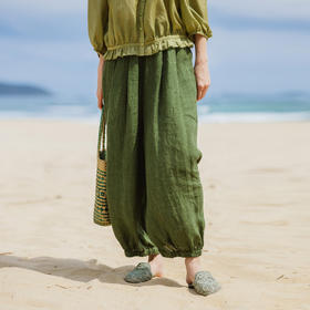 绽放旅行女装300朵/雨林绿色高支棉麻亚麻女高端套装长裤