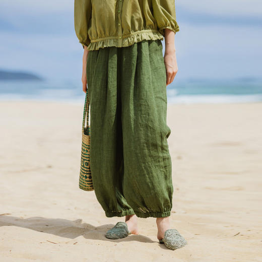 绽放旅行女装300朵/雨林绿色高支棉麻亚麻女高端套装长裤 商品图0