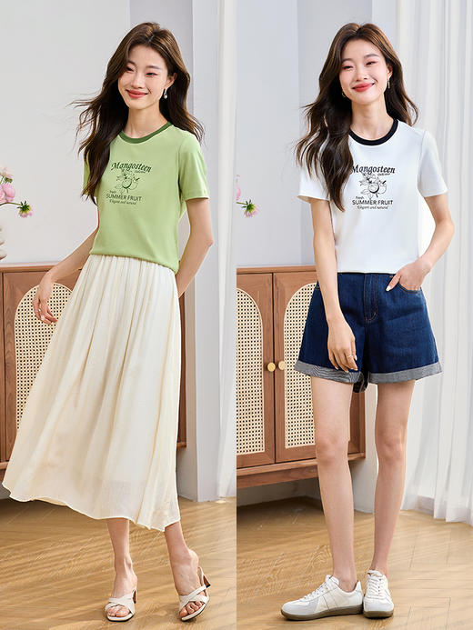 【专属特价】熙世界2025夏天新款时尚撞色圆领印花T恤短袖美式正肩休闲上衣 商品图4