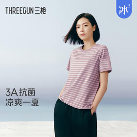 Threegun三枪 彩条冰泉棉圆领短袖女衫-24382A011