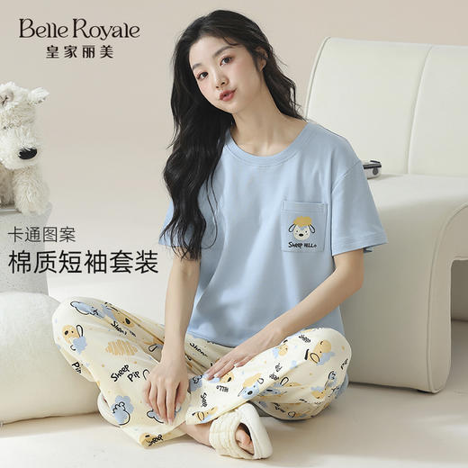 春夏薄款纯棉家居服睡衣女款卡通套头短袖长裤套装JJT9160 商品图0