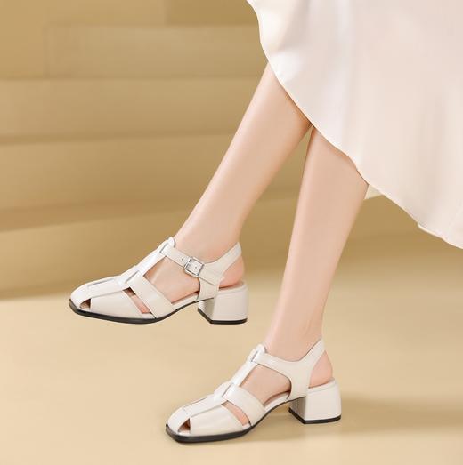 西村名物2024年夏季新款中粗跟搭扣前包镂空后空鞋外穿凉鞋X24BG20271 商品图2