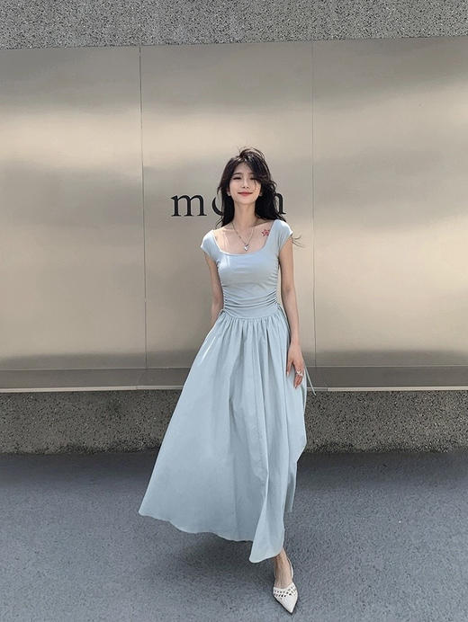 Im Presionismo简约气质休闲长裙套装/法式方领收腰茶歇裙 商品图5