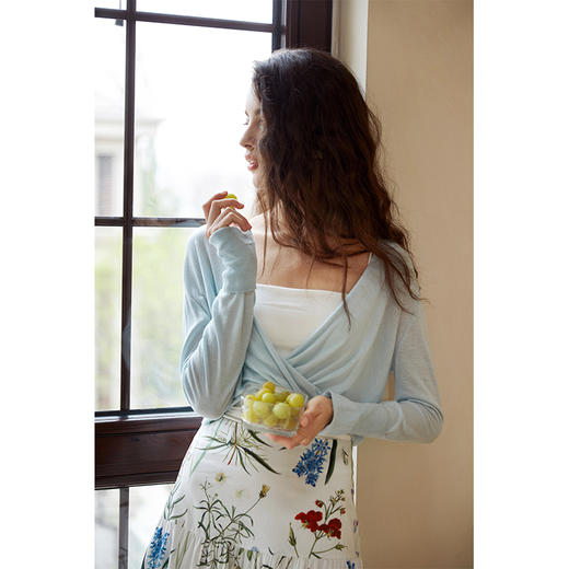 HeyDress扭结防晒开衫女夏季法式V领宽松冰丝罩衫优雅浪漫长袖衫 商品图2