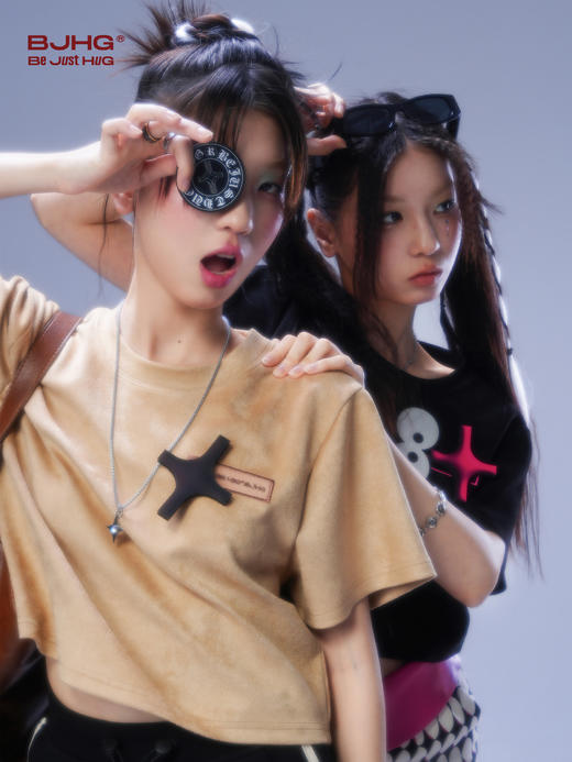 BJHG贴贴T恤 夏季美式复古凉感麂皮绒短款正肩短袖女2024新款体恤 商品图3