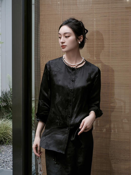 盛唐婧 |提花真丝缎七分袖气质上衣-黑色 商品图11