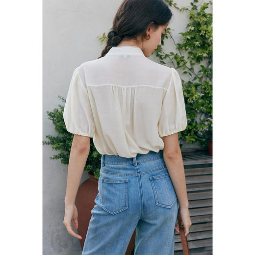 HeyDres法式醋酸衬衫女夏季复古立领压褶设计感新中式泡泡袖上衣 商品图3