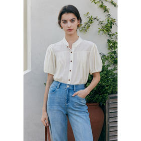 HeyDres法式醋酸衬衫女夏季复古立领压褶设计感新中式泡泡袖上衣