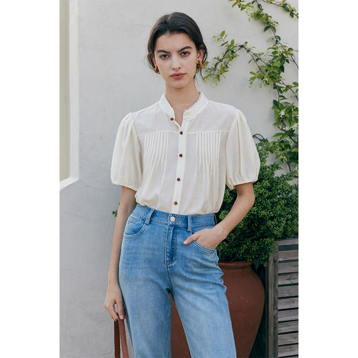 HeyDres法式醋酸衬衫女夏季复古立领压褶设计感新中式泡泡袖上衣 商品图0