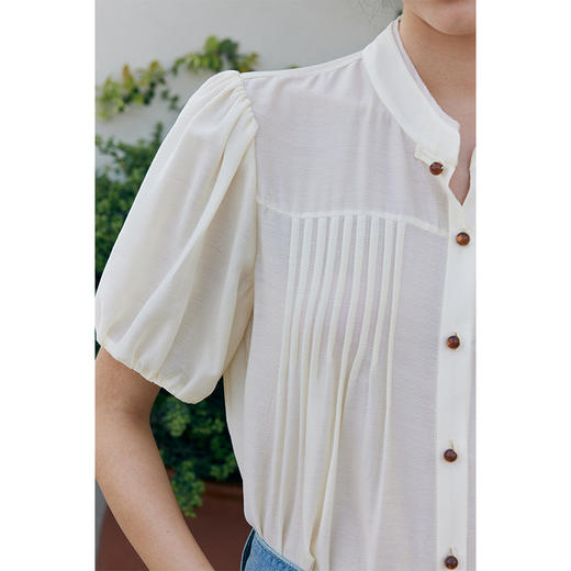 HeyDres法式醋酸衬衫女夏季复古立领压褶设计感新中式泡泡袖上衣 商品图2