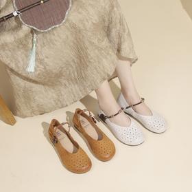 西村名物夏季新款浅口真皮奶奶鞋透气复古圆头浅口单鞋T24AH17608