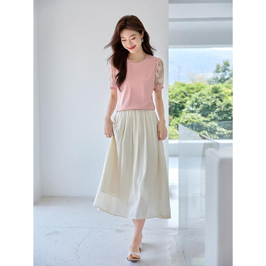 【专属特价】熙世界假两件时尚印花泡泡袖拼接圆领针织T恤上衣2025夏季新款 商品图3