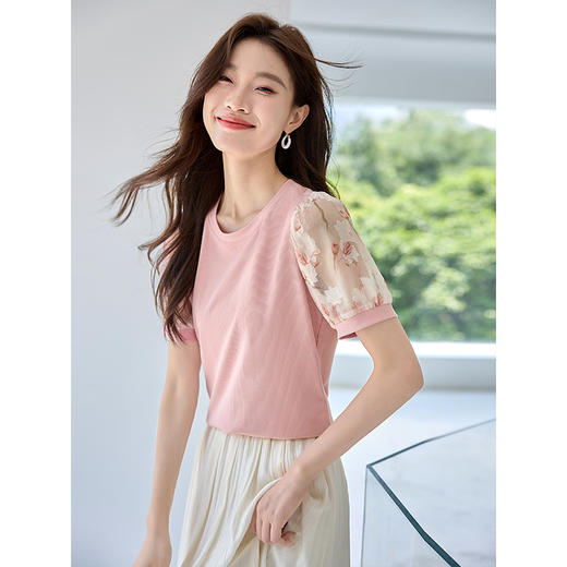 【专属特价】熙世界假两件时尚印花泡泡袖拼接圆领针织T恤上衣2025夏季新款 商品图1