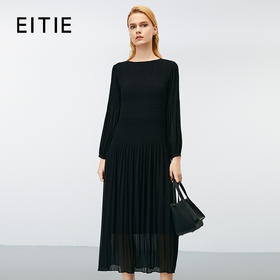 EITIE爱特爱秋季新款气质压褶飘舒适显瘦黑色连衣裙7907606